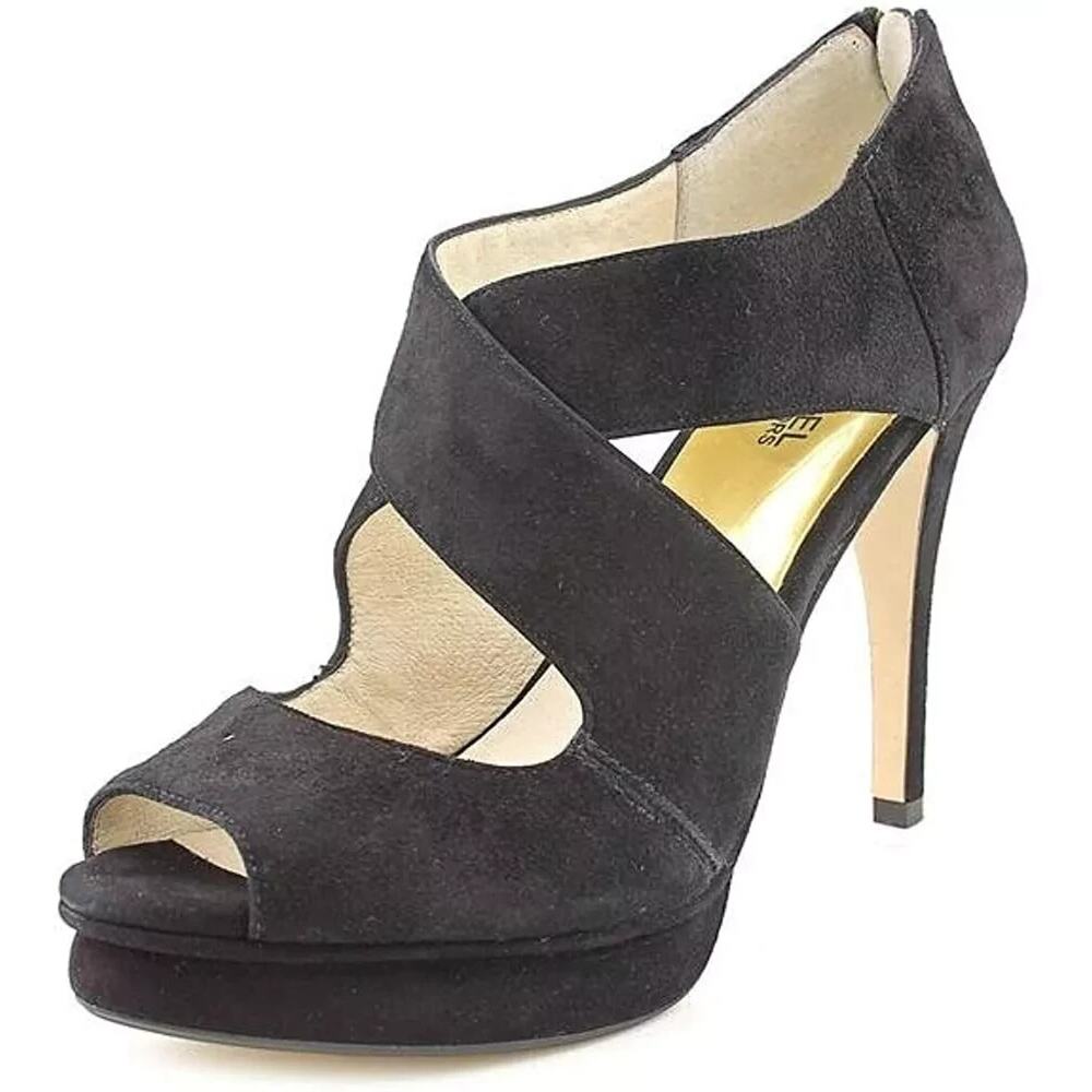 MICHAEL KORS ELENA CROSS STRAP BLACK SUEDE HEELS 8.5M- EUC -WORN ONCE! - Picture 2 of 14